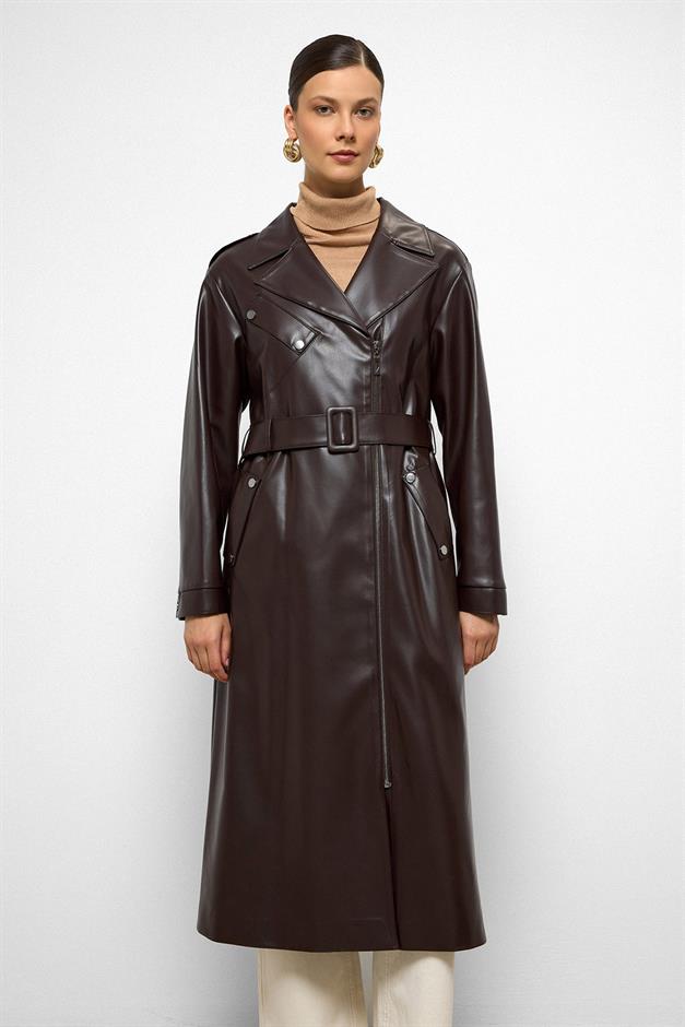 Low Sleeve Zippered Oversize Leather Trench Coat Black Coffee 6759
