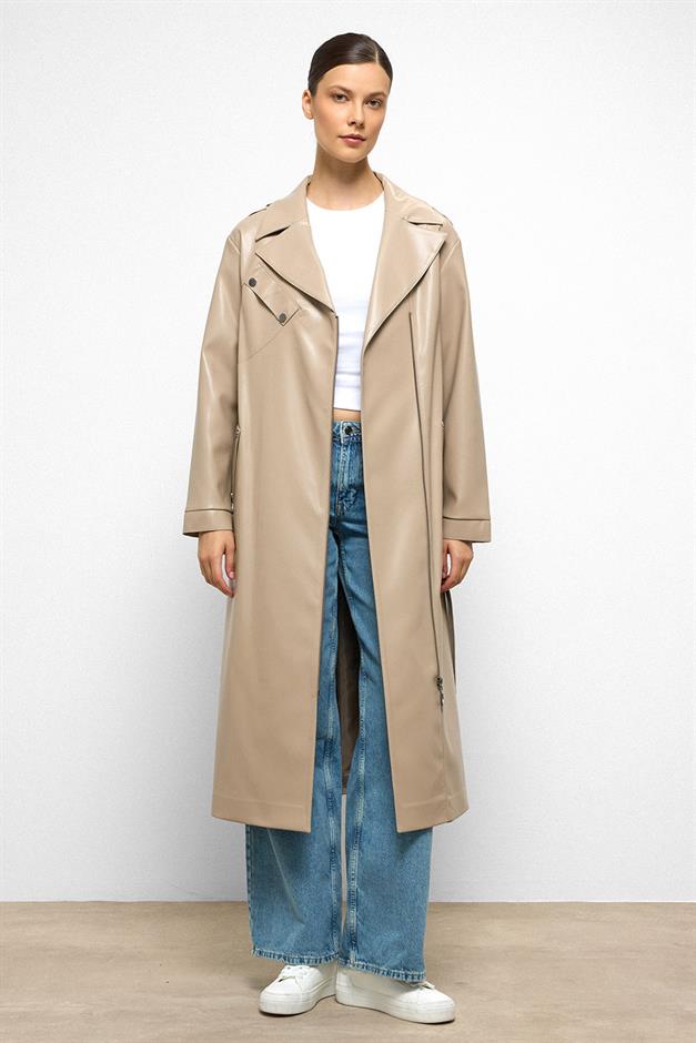 Low Sleeve Zippered Oversize Leather Trench Coat STONE 6759
