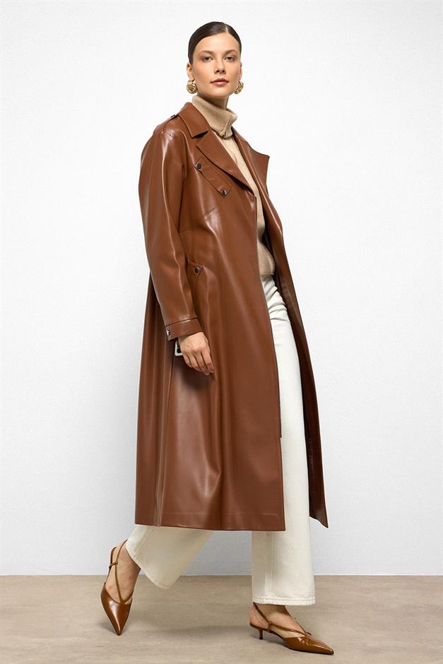 Low Sleeve Zippered Oversize Leather Trench Coat CAMEL 6759