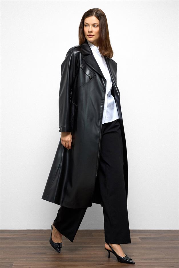 Low Sleeve Zippered Oversize Leather Trench Coat BLACK 6759