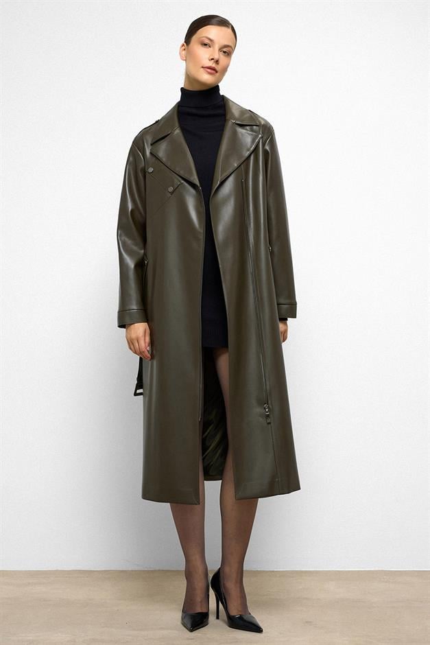 Low Sleeve Zippered Oversize Leather Trench Coat DRAB 6759