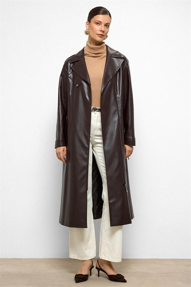 Low Sleeve Zippered Oversize Leather Trench Coat Black Coffee 6759