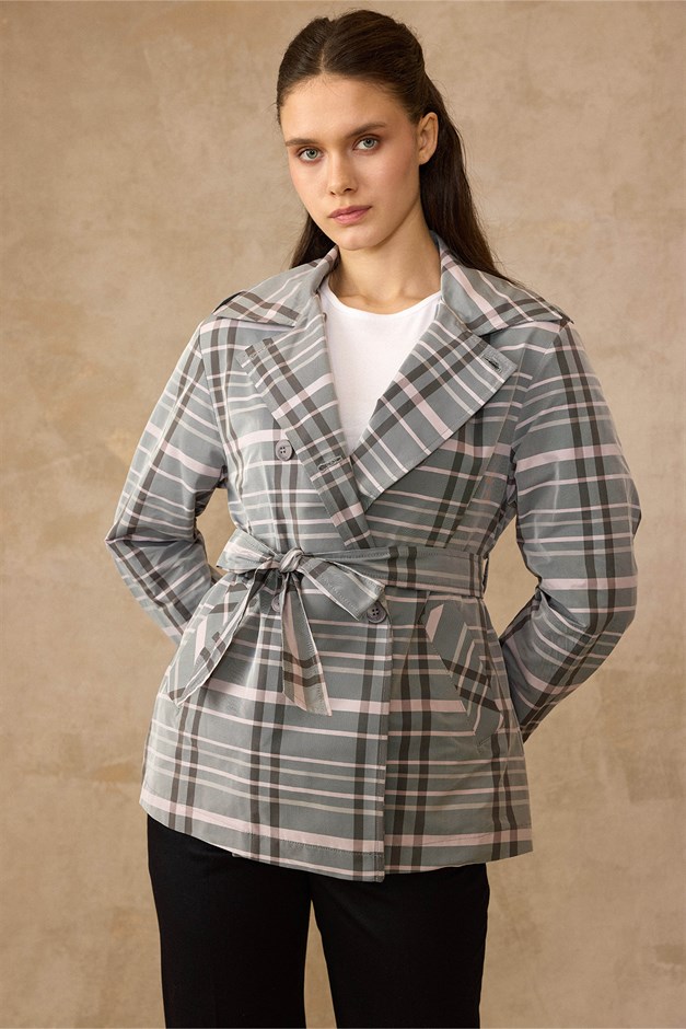 Ekose Desenli Astarsız Kısa Trençkot PUDRA 6848