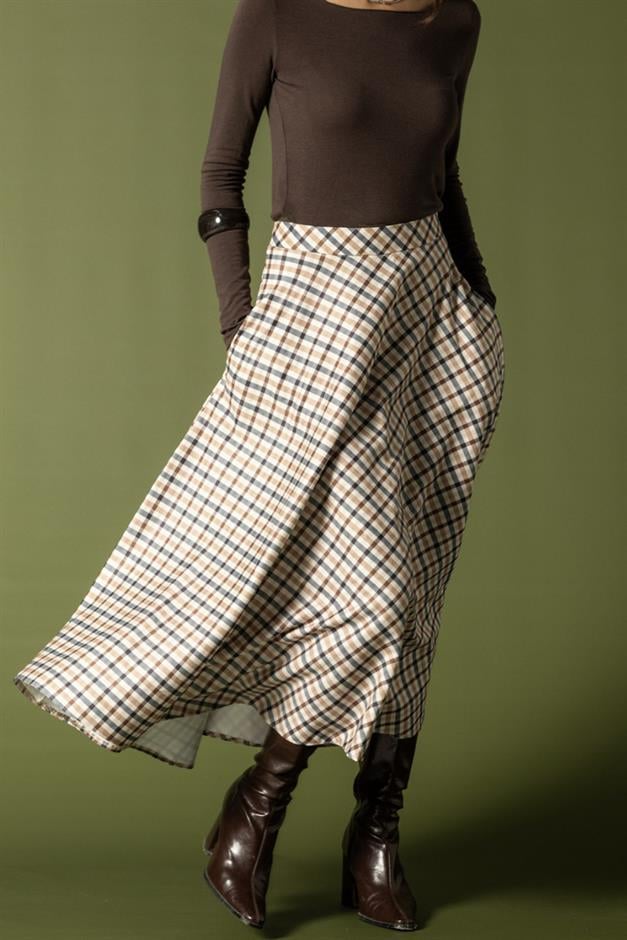 Ekose Desenli Kloş Etek BEJ 7066