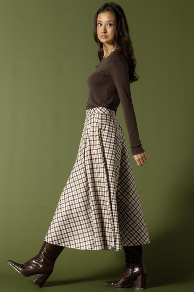 Ekose Desenli Kloş Etek BEJ 7066