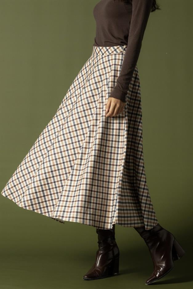 Ekose Desenli Kloş Etek BEJ 7066