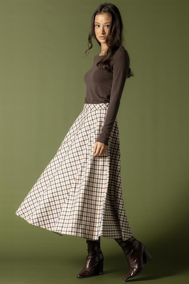 Ekose Desenli Kloş Etek BEJ 7066