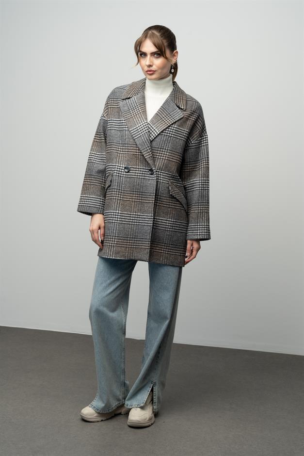Plaid Patterned Double Breasted Oversized Coat GREY 3020