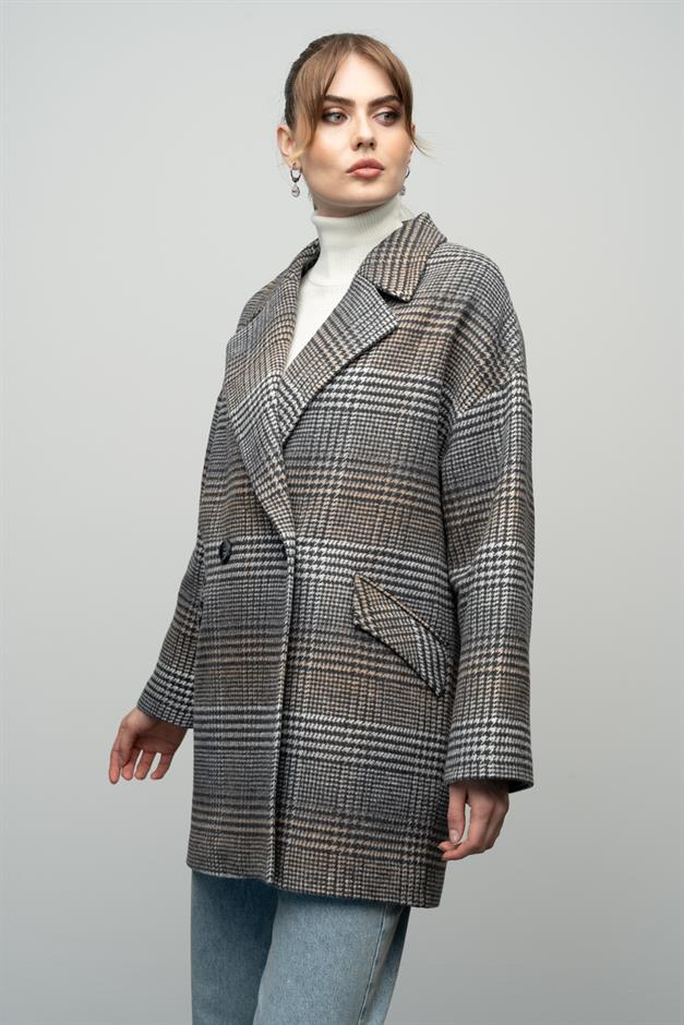 Plaid Patterned Double Breasted Oversized Coat GREY 3020