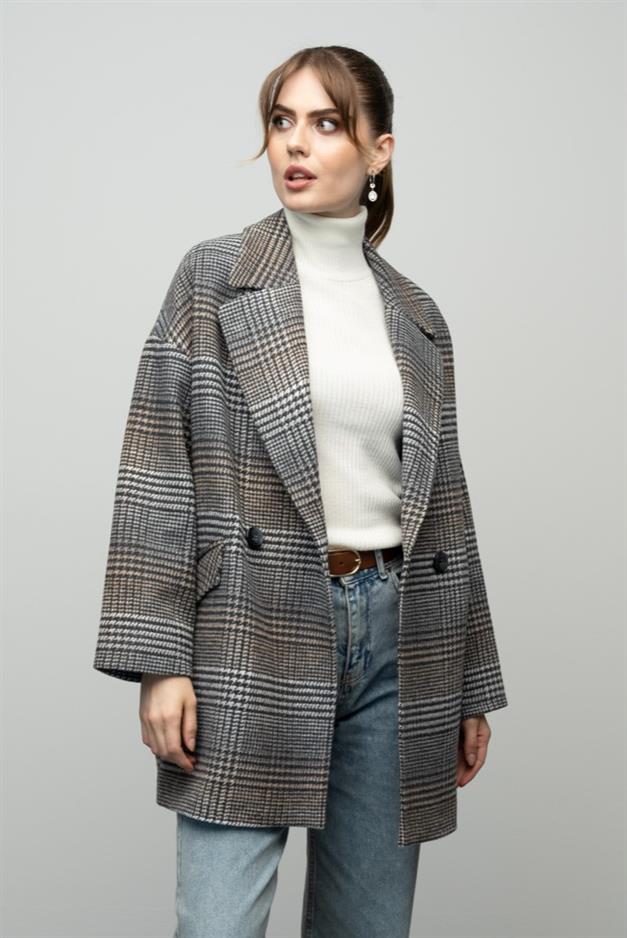 Plaid Patterned Double Breasted Oversized Coat GREY 3020