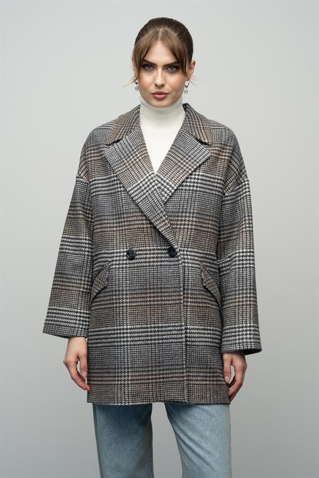 Plaid Patterned Double Breasted Oversized Coat GREY 3020