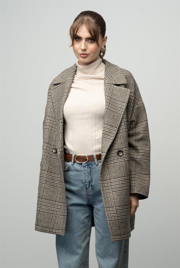 Plaid Patterned Double Breasted Oversized Coat DRAB 3020