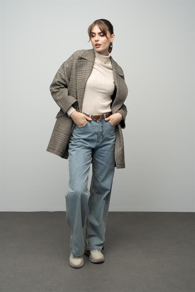 Plaid Patterned Double Breasted Oversized Coat DRAB 3020