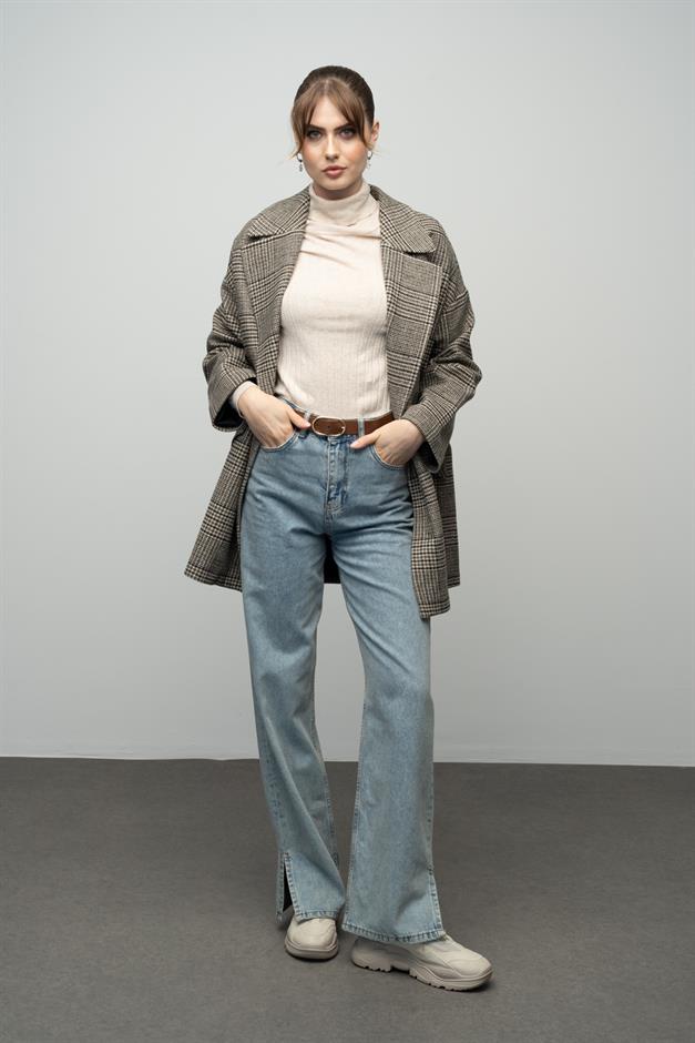 Plaid Patterned Double Breasted Oversized Coat DRAB 3020