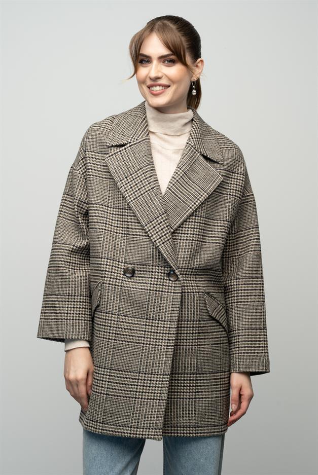 Plaid Patterned Double Breasted Oversized Coat DRAB 3020