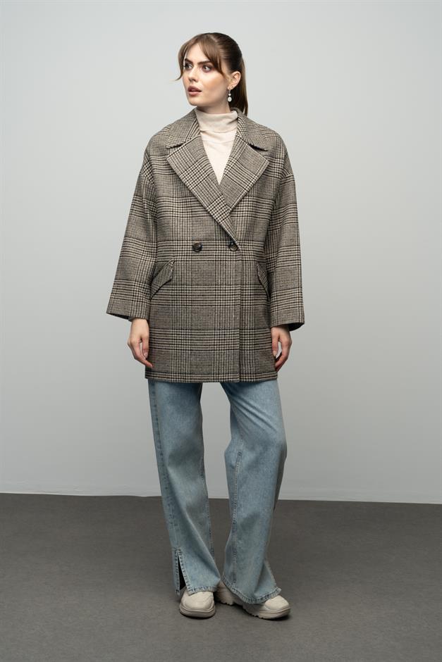Plaid Patterned Double Breasted Oversized Coat DRAB 3020