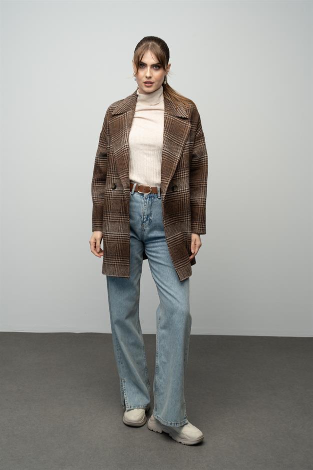 Plaid Patterned Double Breasted Oversized Coat COFFEE 3020
