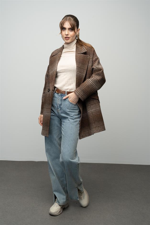 Plaid Patterned Double Breasted Oversized Coat COFFEE 3020