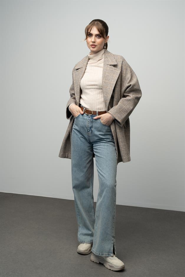 Plaid Patterned Double Breasted Oversized Coat CAMEL 3020