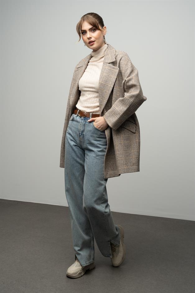 Plaid Patterned Double Breasted Oversized Coat CAMEL 3020