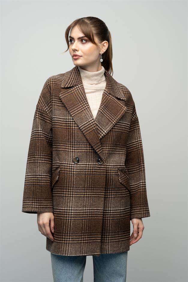 Plaid Patterned Double Breasted Oversized Coat COFFEE 3020