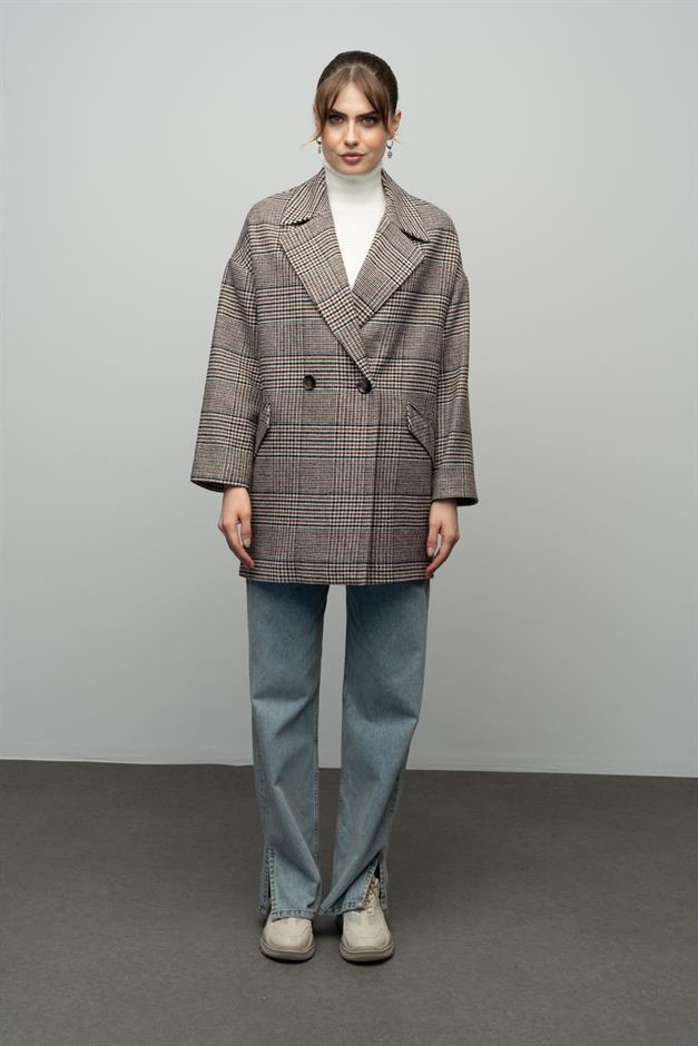 Plaid Patterned Double Breasted Oversized Coat TILE 3020