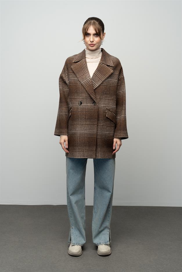 Plaid Patterned Double Breasted Oversized Coat COFFEE 3020