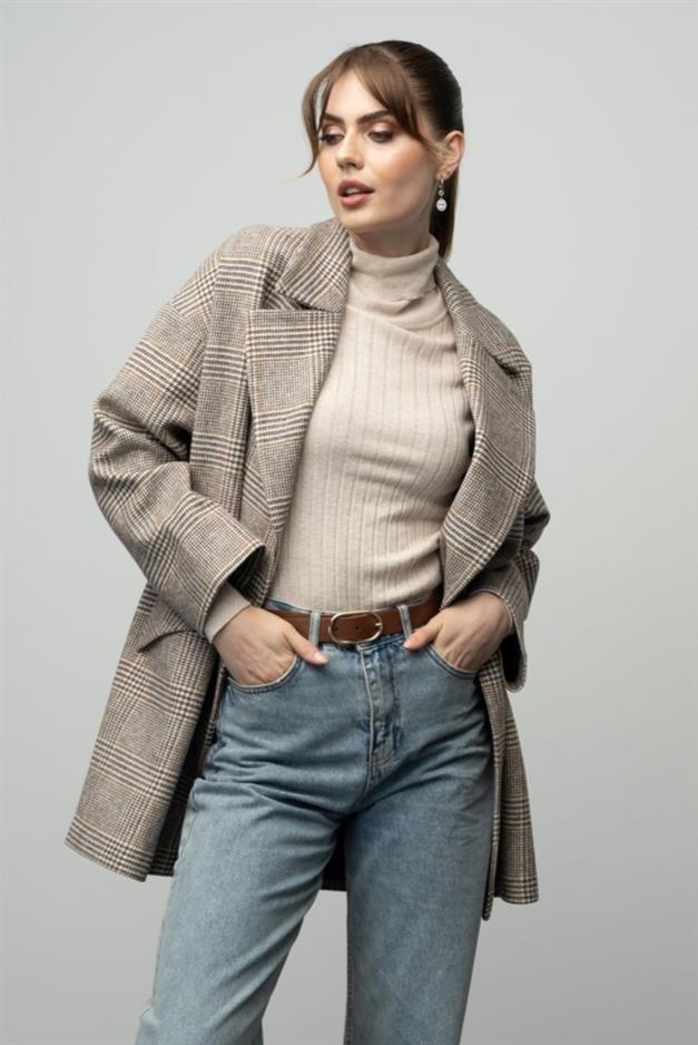 Plaid Patterned Double Breasted Oversized Coat CAMEL 3020