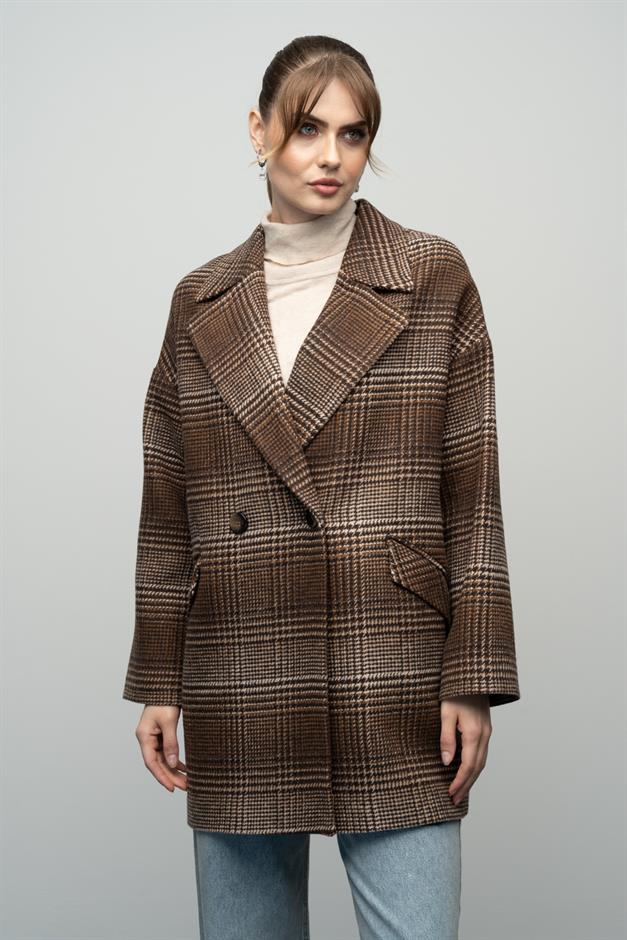 Plaid Patterned Double Breasted Oversized Coat COFFEE 3020