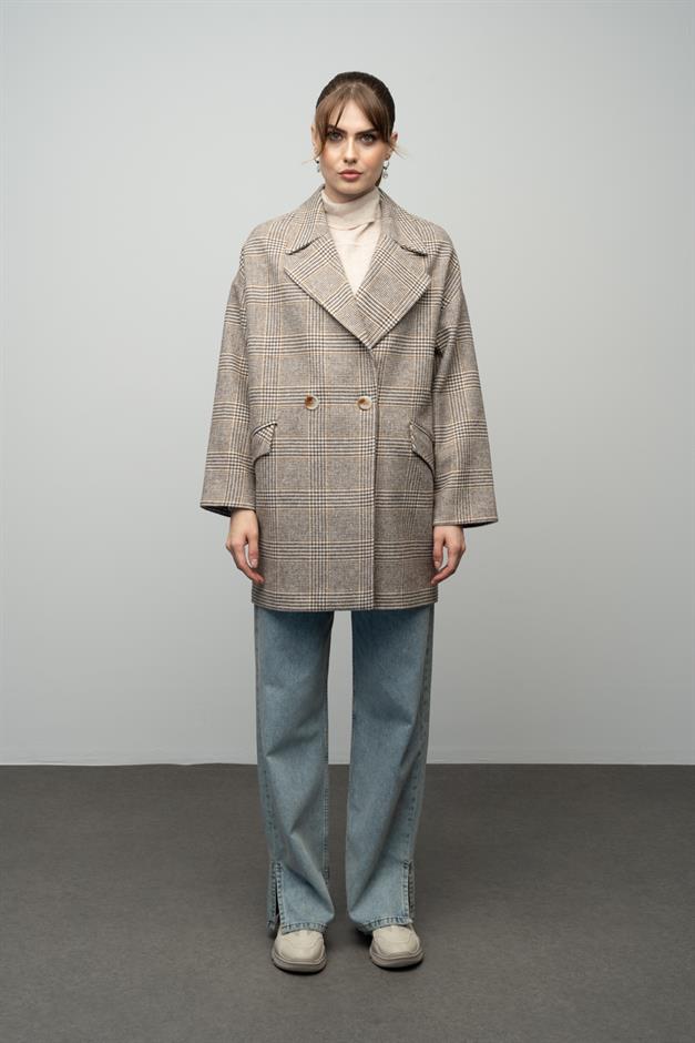 Plaid Patterned Double Breasted Oversized Coat CAMEL 3020
