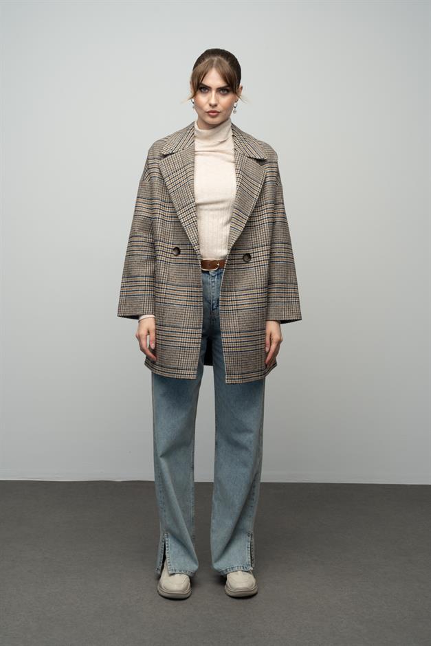 Plaid Patterned Double Breasted Oversized Coat SAFFRONY 3020