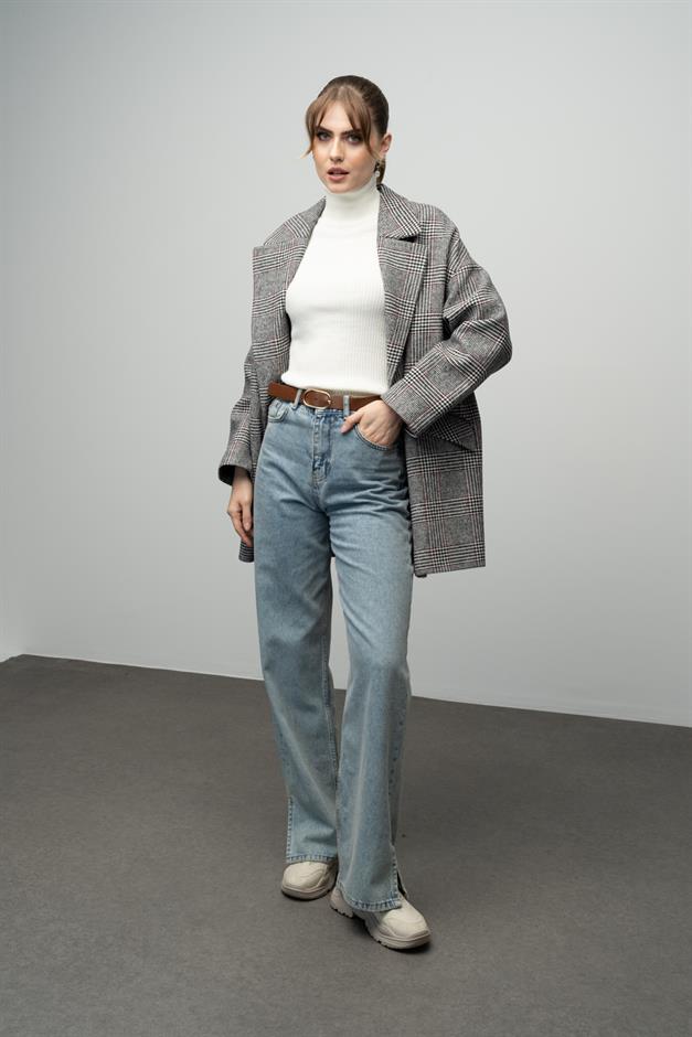 Plaid Patterned Double Breasted Oversized Coat BLACK AND WHITE 3020