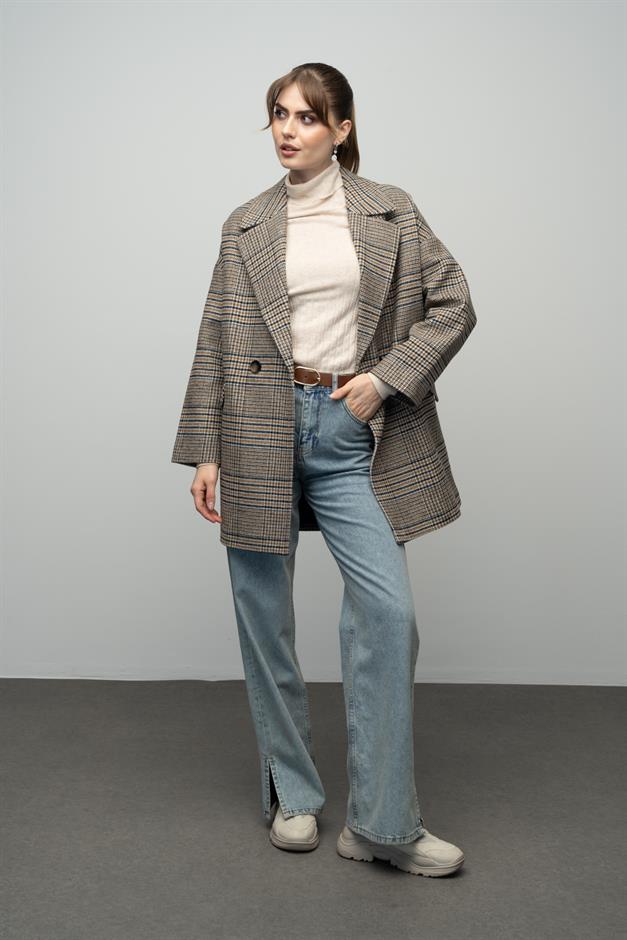 Plaid Patterned Double Breasted Oversized Coat SAFFRONY 3020