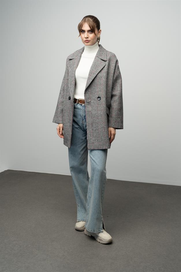 Plaid Patterned Double Breasted Oversized Coat BLACK AND WHITE 3020