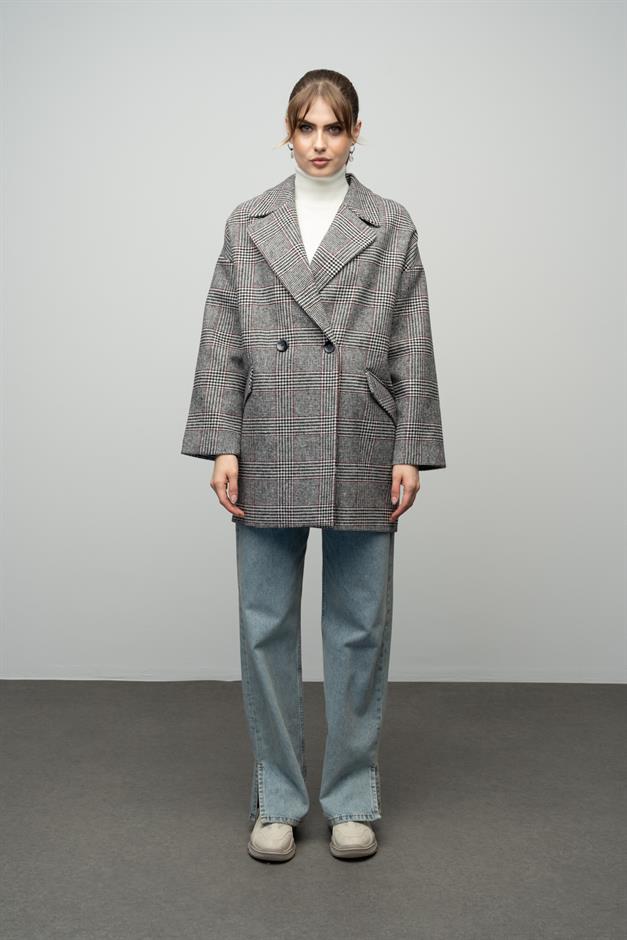 Plaid Patterned Double Breasted Oversized Coat BLACK AND WHITE 3020