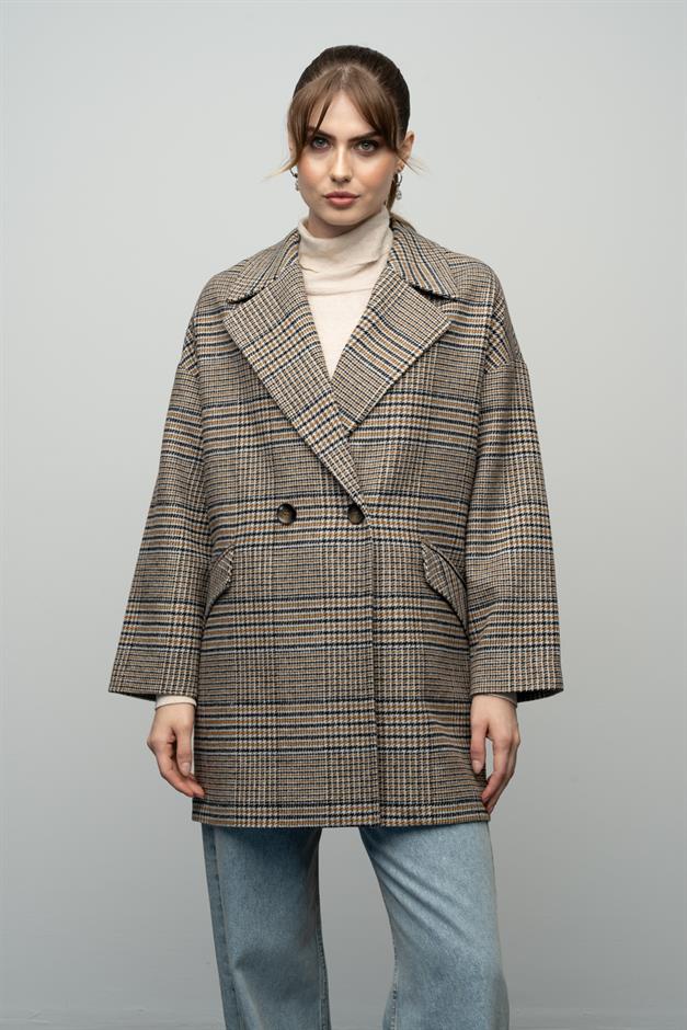 Plaid Patterned Double Breasted Oversized Coat SAFFRONY 3020
