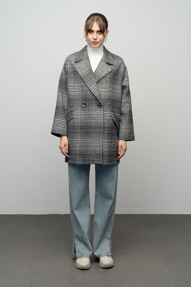 Plaid Patterned Double Breasted Oversized Coat BLACK 3020