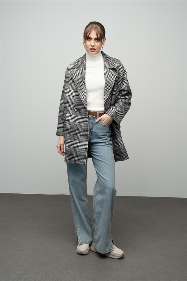 Plaid Patterned Double Breasted Oversized Coat BLACK 3020