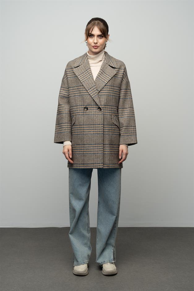 Plaid Patterned Double Breasted Oversized Coat SAFFRONY 3020