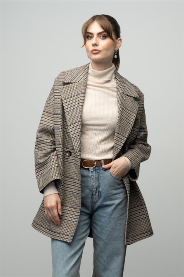 Plaid Patterned Double Breasted Oversized Coat SAFFRONY 3020
