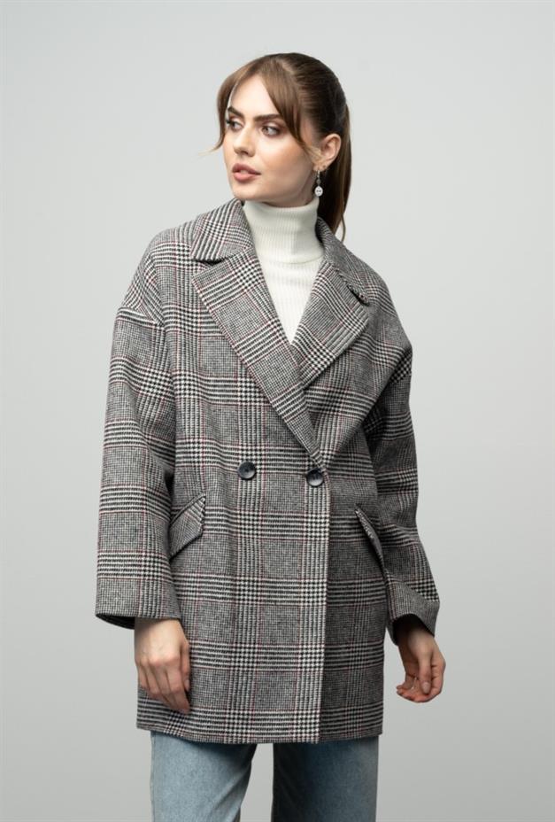 Plaid Patterned Double Breasted Oversized Coat BLACK AND WHITE 3020