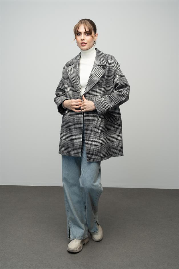 Plaid Patterned Double Breasted Oversized Coat BLACK 3020