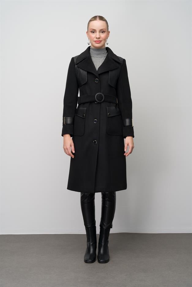 معطف رجالي من الجلد مع تفاصيل العباءة والقلنسوة أسود 3083