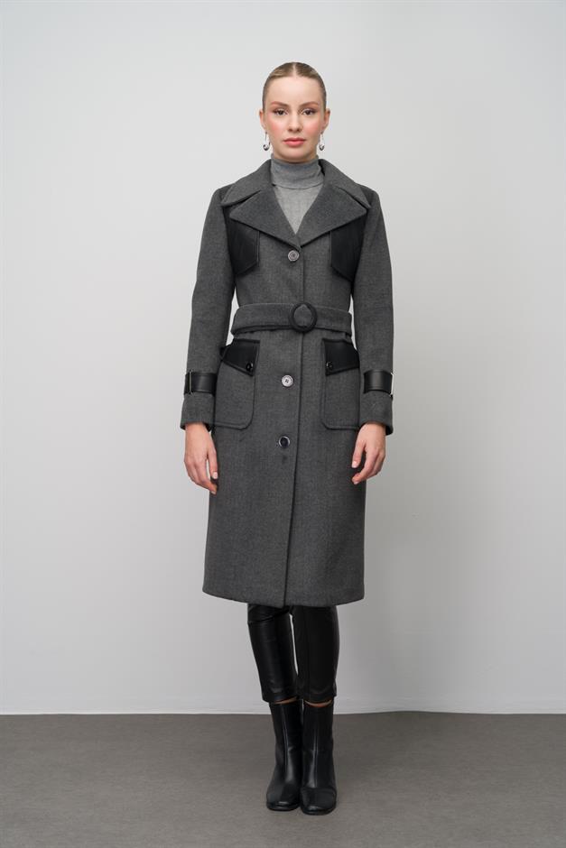 معطف رجالي من الجلد مع تفاصيل العباءة والقلنسوة رمادي غامق 3083