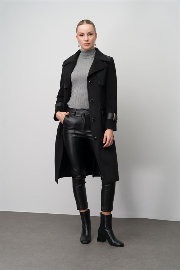 معطف رجالي من الجلد مع تفاصيل العباءة والقلنسوة أسود 3083