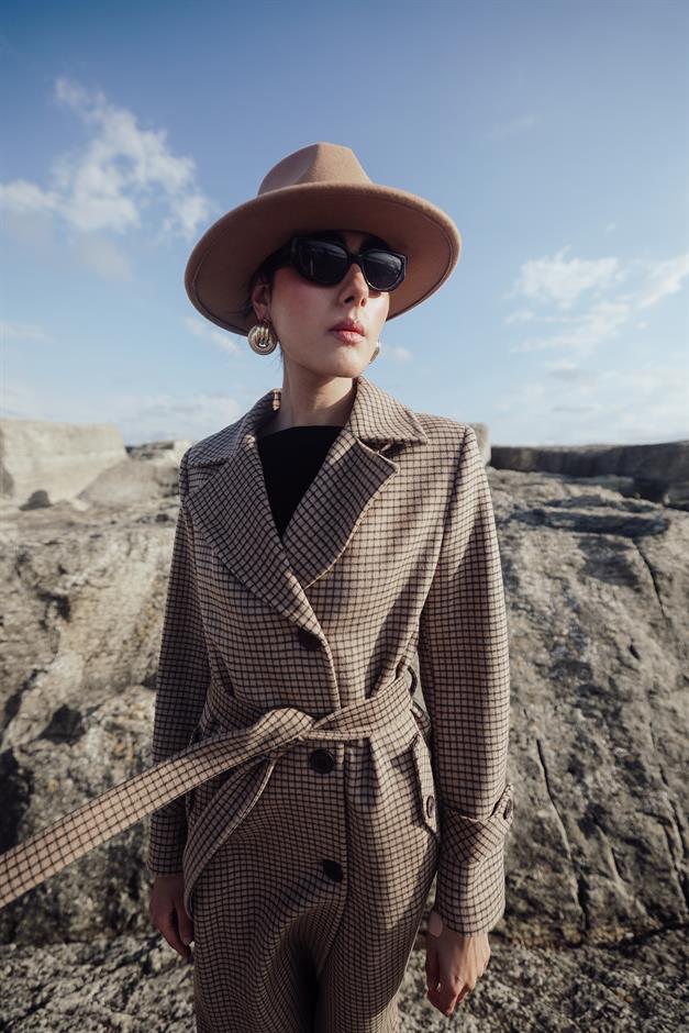 Mens Square Patterned Cashmere Coat CAMEL 3028