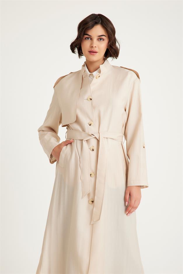 Unlined Trench Coat with Grandad Collar Cape and Belt Detail STONE 6575
