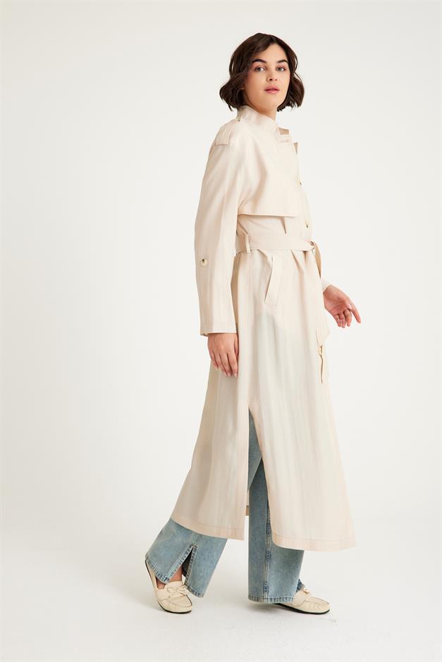 Unlined Trench Coat with Grandad Collar Cape and Belt Detail STONE 6575