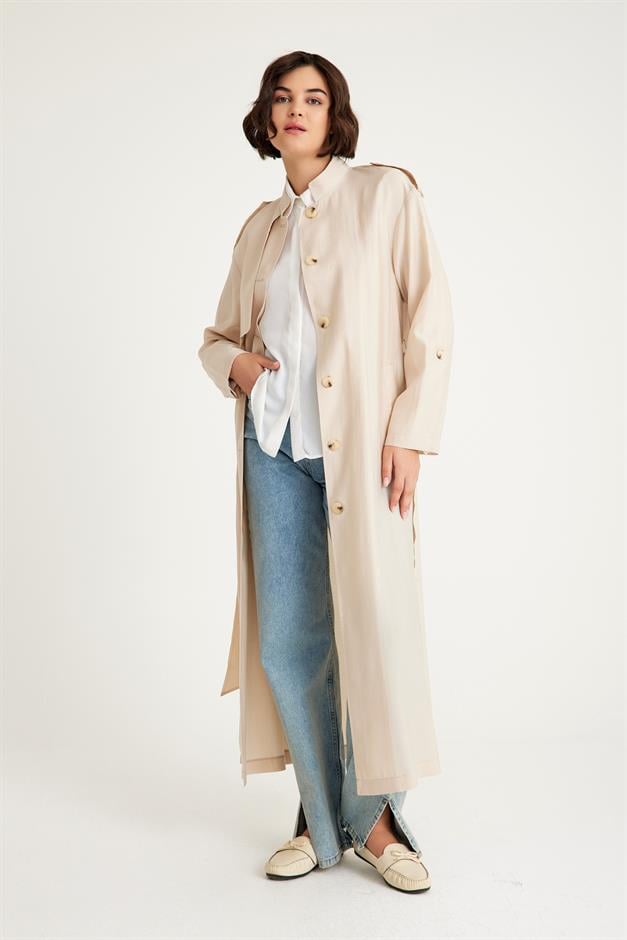 Unlined Trench Coat with Grandad Collar Cape and Belt Detail STONE 6575