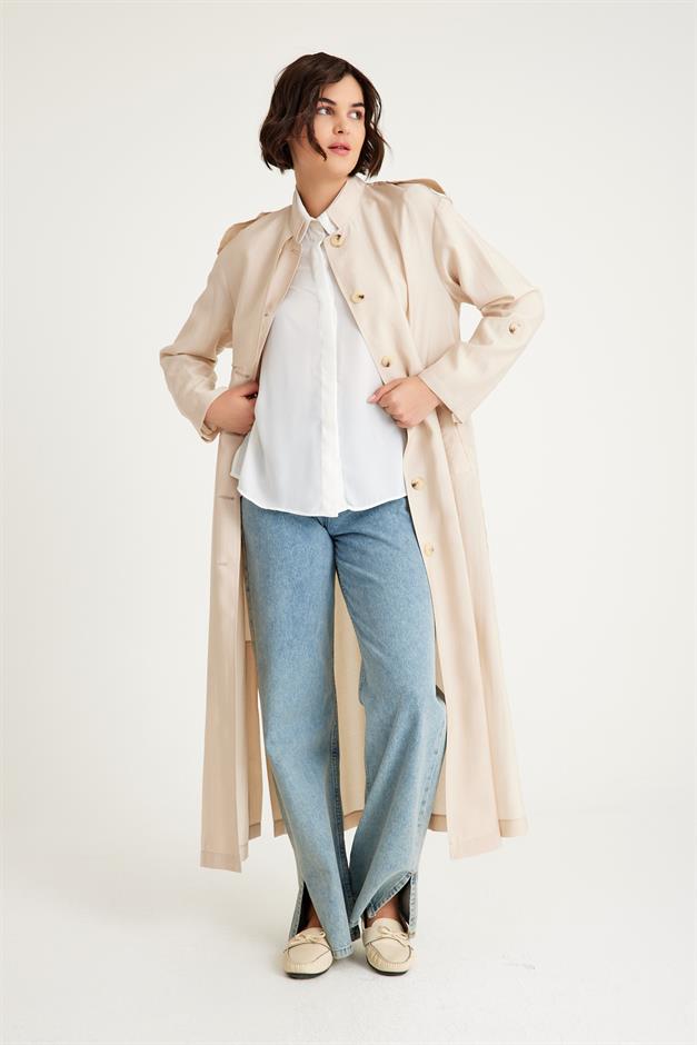 Unlined Trench Coat with Grandad Collar Cape and Belt Detail STONE 6575